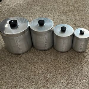 Vintage Aluminum Silver Canister Set with Black Handle Lids